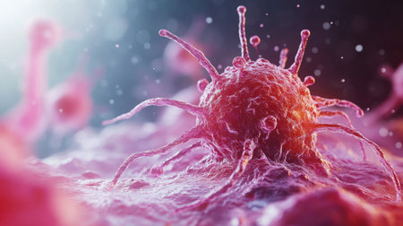 Close-up microscopic image of a malignant tumor cell, illustrating its destructive impact on the body at a cellular levelの素材