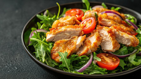 A healthy fried chicken salad with crisp rocket leaves, ripe tomatoes, and red onions, set against a dark background, showcasing its fresh and vibrant appeal.の素材