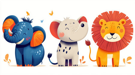 Fun cartoon characters of wild animals like an elephant, lion, and rhino, designed with vibrant colors and humorous details.の素材