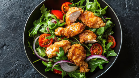 Fried chicken salad with rocket, tomatoes, and red onions, elegantly presented on a dark background, creating a contrast that makes the dish pop.の素材