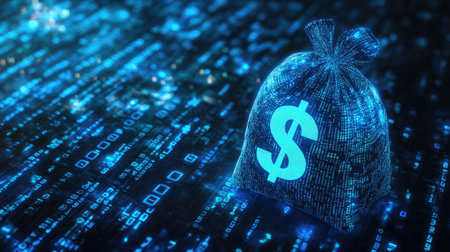 AI money management: A digital moneybag with a dollar sign, highlighted against a background of binary code, illustrating AI's impact on financial transactions and services.の素材