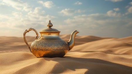 An Oriental gold teapot resting on the sandy surface of a desert dune, capturing the essence of exotic lands.の素材