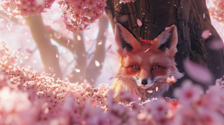 Cute anime scene of a mischievous nine-tailed fox peeking out from behind a sakura tree, surrounded by falling cherry blossom petalsの素材