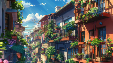 Playful anime landscape of a residential neighborhood, featuring colorful balconies with potted plants and cozy seatingの素材