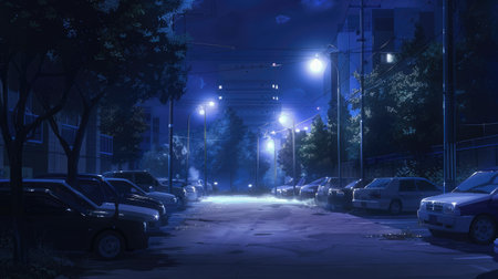 Serene anime scene of a city parking area at night, with parked cars, illuminated by soft streetlights, and a quiet ambianceの素材
