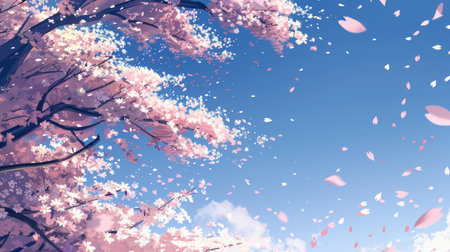 A serene cherry blossom tree in full bloom, petals falling gently against a clear blue skyの素材