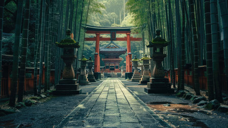 A peaceful shrine surrounded by tall bamboo trees and a stone pathway leading to itの素材