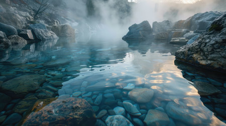 A tranquil hot spring surrounded by rocks and steam rising into the air.の素材