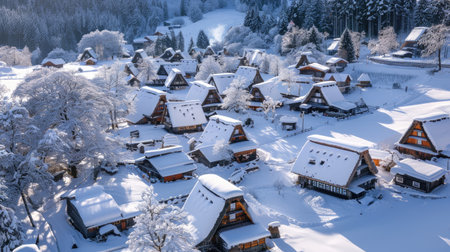 A cozy snow-covered village with traditional thatched-roof houses.の素材
