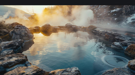 A tranquil hot spring surrounded by rocks and steam rising into the air.の素材