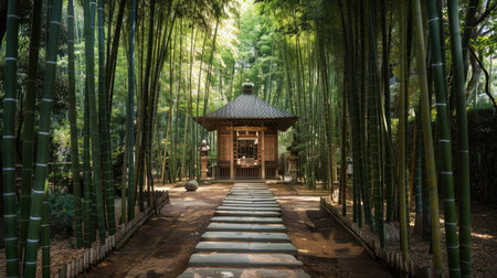 A peaceful shrine surrounded by tall bamboo trees and a stone pathway.の素材