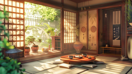 A cozy Japanese tea house interior with tatami mats and traditional decorations.の素材