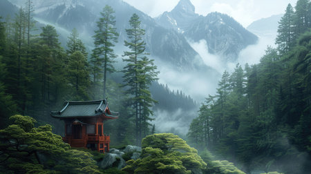A tranquil mountain shrine nestled among tall pine trees.の素材