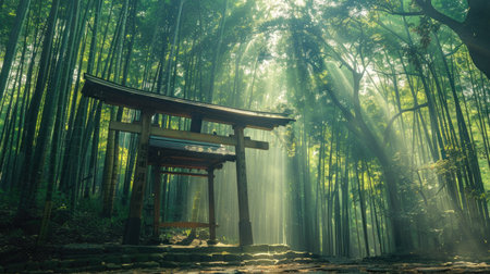 A peaceful shrine in a bamboo forest with sunlight streaming through the trees.の素材