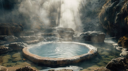A tranquil hot spring surrounded by rocks and steam rising into the air.の素材