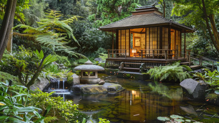 A traditional Japanese tea house surrounded by lush green gardens and tranquil water features.の素材