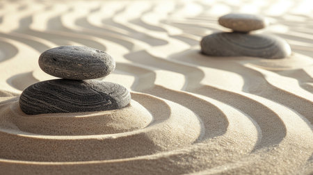 A serene zen garden with meticulously raked sand and carefully placed rocks.の素材