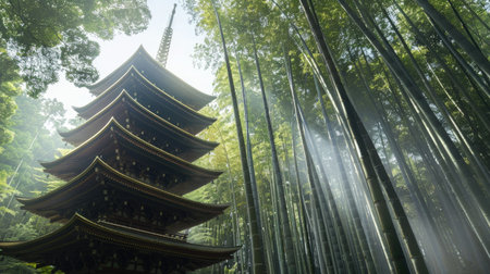 A traditional Japanese pagoda amidst a forest of towering bamboo trees.の素材