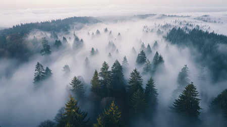 A breathtaking aerial view of a mist-shrouded forest blanketed in fog, where towering trees emerge like islands in a sea of mistの素材