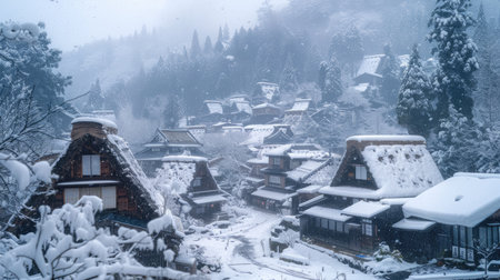 A cozy, snow-covered Japanese village with thatched-roof houses.の素材