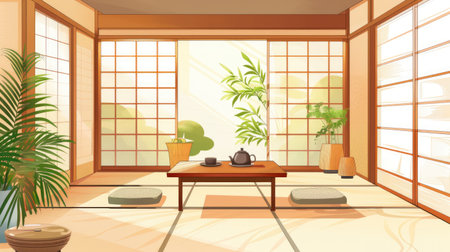 A cozy Japanese tea house interior with traditional tatami mats and a low table.の素材