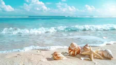 A beautiful beach with seashells and ample space for text.の素材