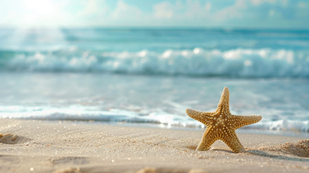 A close-up of a starfish on the sand with ocean waves in the background, leaving space for text.の素材