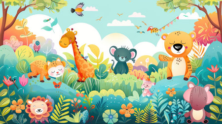 Charming hand-drawn cartoon background featuring cute animals and a colorful landscape, ideal for children's contentの素材