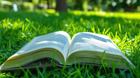 A close-up view of an open book spread out on vibrant green grass, illustrating the joy of reading outdoors on a sunny dayの素材