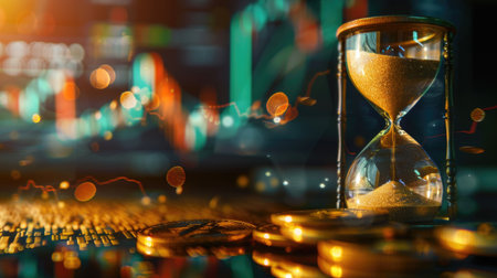 A conceptual image of sand flowing from an hourglass onto bitcoin coins, depicting the passage of time and financial investment in digital currency, with a faint stock graph backdropの素材