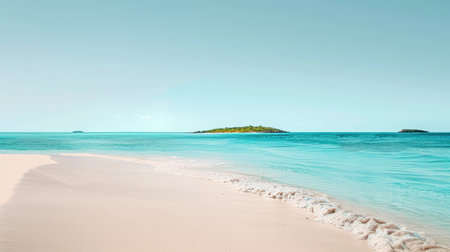 A calm beach scene with a distant island, ample space for text.の素材