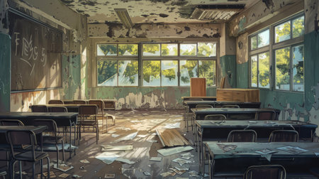 Anime-inspired illustration of a dilapidated school classroom, showcasing crumbling walls and empty seats amidst a backdrop of forgotten memoriesの素材