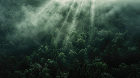 An ethereal aerial perspective capturing the mystical beauty of a foggy forest, with sunlight breaking through dense clouds to illuminate the treetops belowの素材