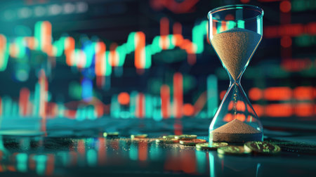 Hourglass with sand trickling onto bitcoins, illustrating the concept of time and crypto investments, against a subtly blurred stock market chart backgroundの素材