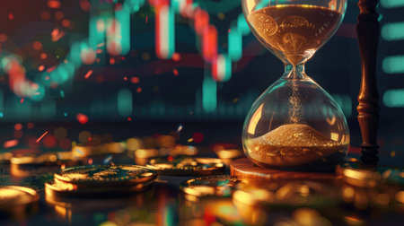 A conceptual image of sand flowing from an hourglass onto bitcoin coins, depicting the passage of time and financial investment in digital currency, with a faint stock graph backdropの素材