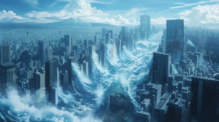 An adventurous anime-style view of a futuristic cityscape with massive blue water waves cascading over protective barriers, highlighting a dramatic battle against natureの素材