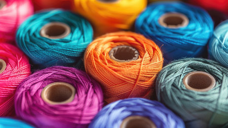 Artistic arrangement of various spools of thread in bright colors, ideal for depicting creativity and sewing essentials in a close-up shotの素材