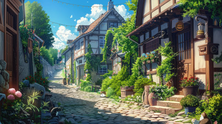 Detailed anime illustration of a quaint house on a charming street, complete with cobblestone paths and friendly neighborhood catsの素材