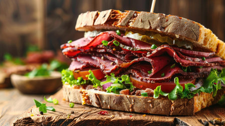Appetizing display of a classic pastrami sandwich on a rustic wooden tabletop, featuring fresh ingredients and inviting texturesの素材