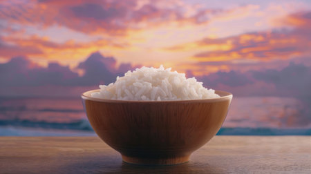 Bowl of plain white rice set against a colorful sunset backdrop, symbolizing the harmony of simplicity and natureの素材