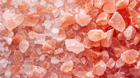 Artistic arrangement of Himalayan pink crystal salt forming a textured background, perfect for wellness and gourmet culinary conceptsの素材