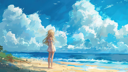 Illustration of a blonde-haired girl on a serene beach, looking out at the ocean with a sky full of swirling clouds in anime styleの素材