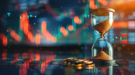 Hourglass with sand trickling onto bitcoins, illustrating the concept of time and crypto investments, against a subtly blurred stock market chart backgroundの素材
