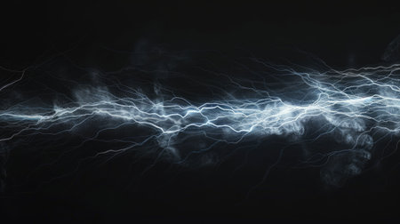 Intense lightning bolt streaking across a pitch-black background, creating a striking visual effectの素材