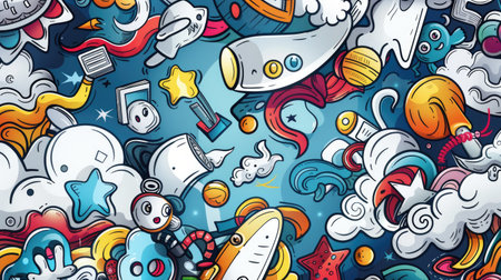Hand-drawn cartoon scene with playful doodles and imaginative elements, creating a fun and lively backgroundの素材