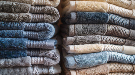 Neatly folded stack of soft bath towels in various colors, perfect for bathroom and spa conceptsの素材