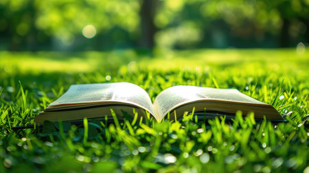 Peaceful and relaxing image of an open book placed on a bed of green grass, providing a serene backdrop for literary concepts or relaxation themesの素材
