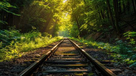 Scenic view of railroad tracks meandering through a lush green forest, under a canopy of trees with dappled sunlight filtering throughの素材