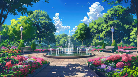 Stylized anime artwork of a park scene featuring vibrant flower beds, winding pathways, and a tranquil fountain under a clear blue skyの素材