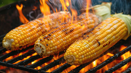 Top view of fresh corn on the cob grilling over flames, with a hint of smoke and vibrant colors, perfect for outdoor cooking and foodie themesの素材